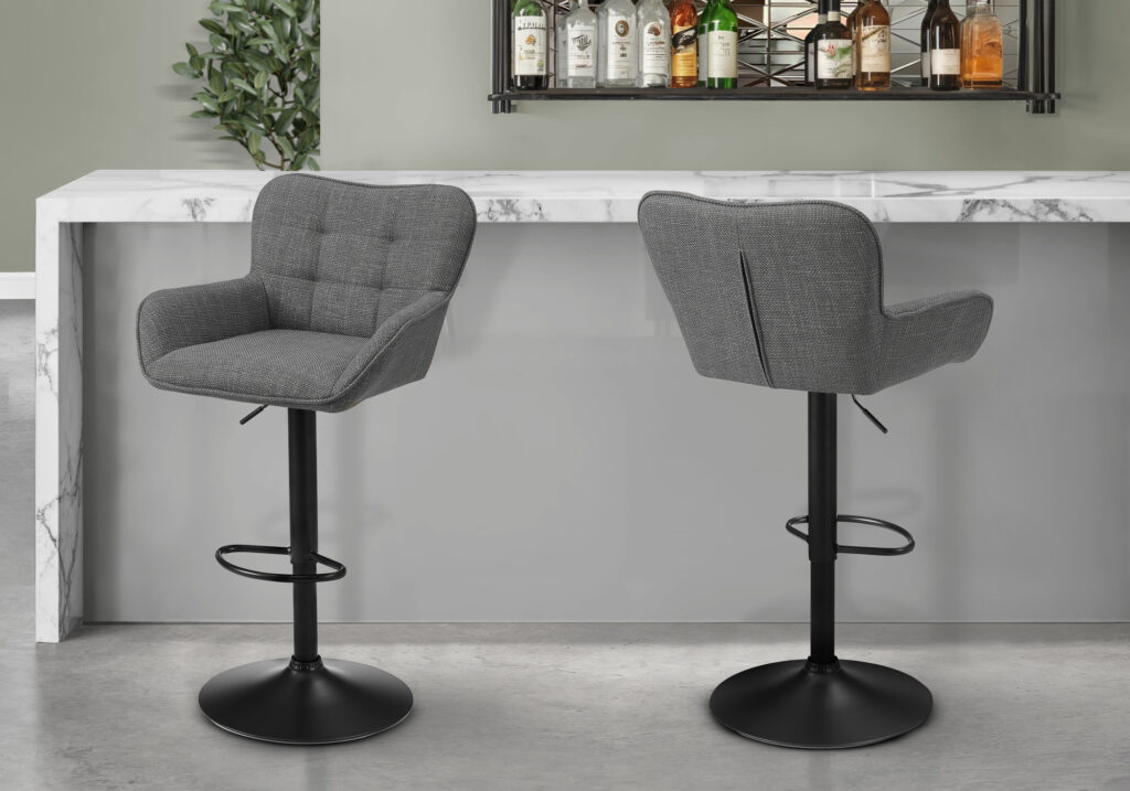 Barstool, Set Of 2, Adjustable, Swivel, Bar Height, Counter Height, Kitchen, Grey Fabric, Black Metal, Contemporary, Modern