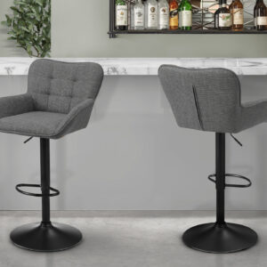 Barstool, Set Of 2, Adjustable, Swivel, Bar Height, Counter Height, Kitchen, Grey Fabric, Black Metal, Contemporary, Modern