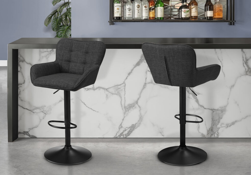 Barstool, Set Of 2, Adjustable, Swivel, Bar Height, Counter Height, Kitchen, Black Fabric, Black Metal, Contemporary, Modern