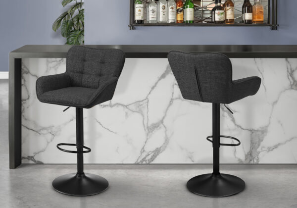 Barstool, Set Of 2, Adjustable, Swivel, Bar Height, Counter Height, Kitchen, Black Fabric, Black Metal, Contemporary, Modern