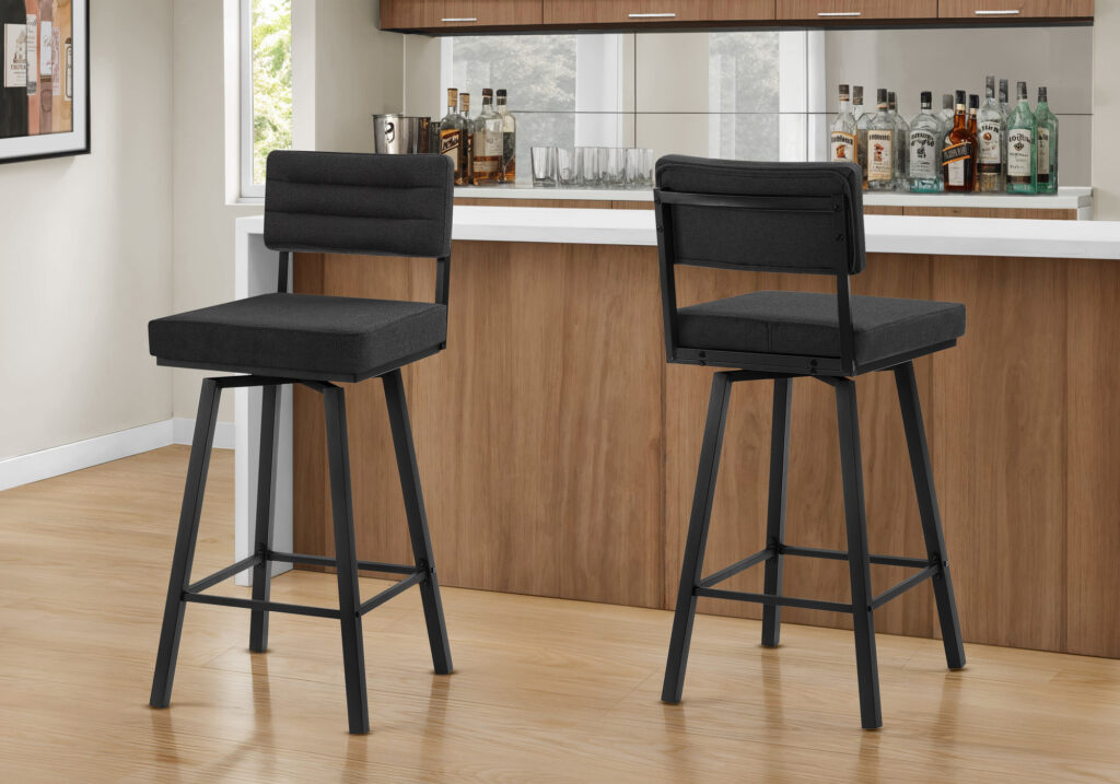 Barstool, 40″ Height, Bar Height, Swivel, Set Of 2, Black Fabric, Black Metal, Contemporary, Modern