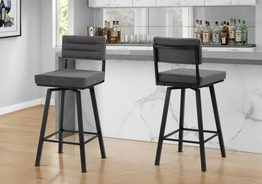 Barstool, 40″ Height, Bar Height, Swivel, Set Of 2, Grey Fabric, Black Metal, Contemporary, Modern