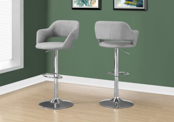 Bar Stool, Swivel, Bar Height, Adjustable, Chrome Metal, Grey Fabric, Contemporary, Modern
