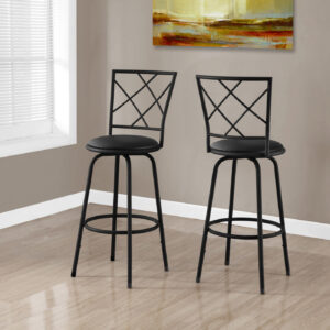 Bar Stool, Set Of 2, Swivel, Bar Height, Black Metal, Leather Look, Contemporary, Modern