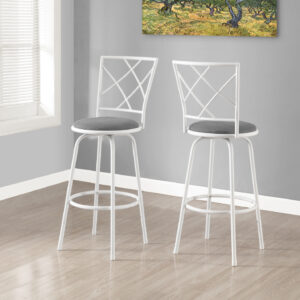 Bar Stool, Set Of 2, Swivel, Bar Height, White Metal, Grey Fabric, Contemporary, Modern