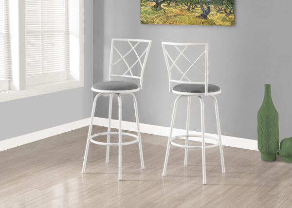 Bar Stool, Set Of 2, Swivel, Bar Height, White Metal, Grey Fabric, Contemporary, Modern