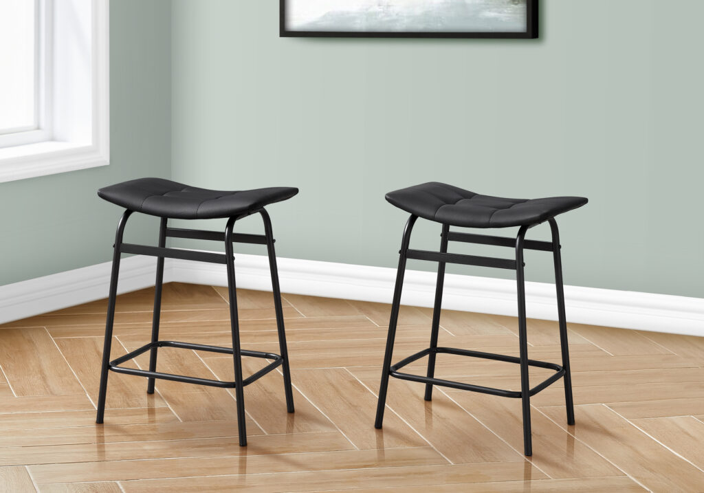 Barstool, Counter Height, Set Of 2, Kitchen, Black Leather Look, Black Metal, Contemporary, Modern