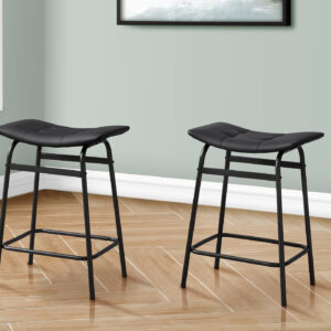 Barstool, Counter Height, Set Of 2, Kitchen, Black Leather Look, Black Metal, Contemporary, Modern