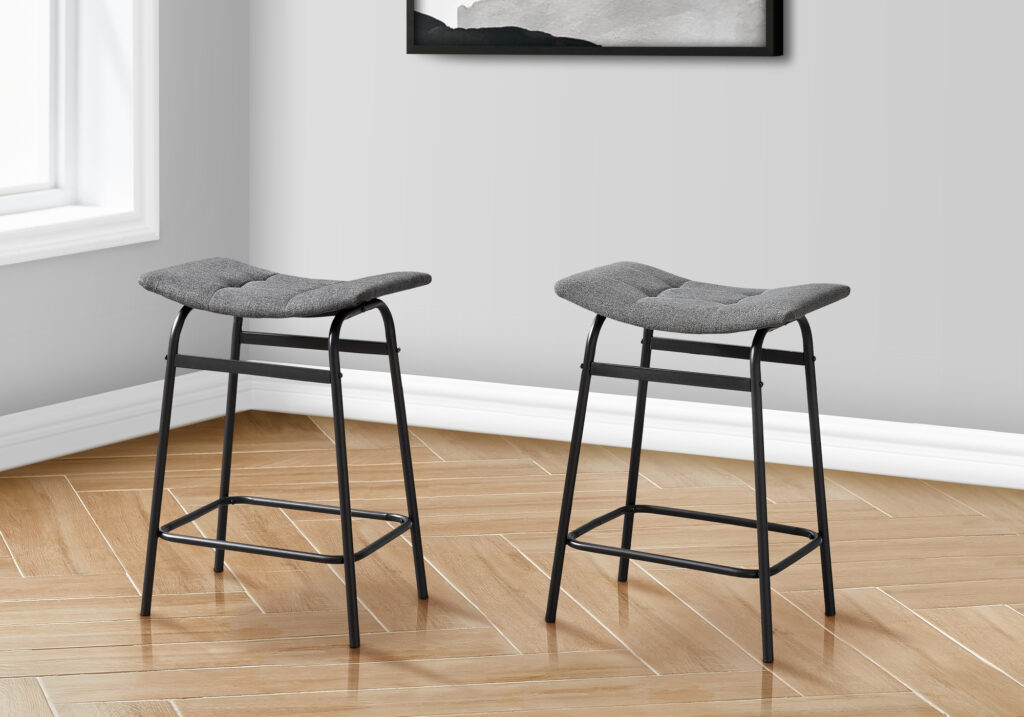 Barstool, Counter Height, Set Of 2, Kitchen, Grey Fabric, Black Metal, Contemporary, Modern