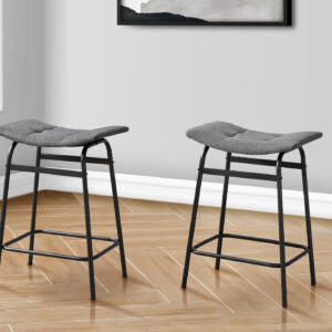 Barstool, Counter Height, Set Of 2, Kitchen, Grey Fabric, Black Metal, Contemporary, Modern