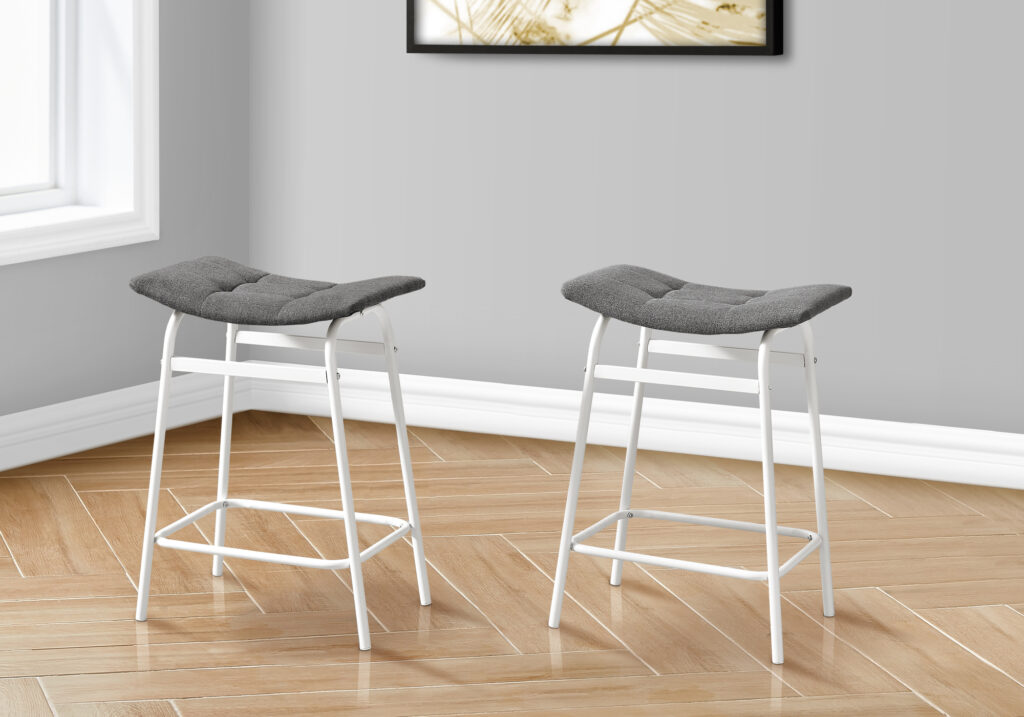 Barstool, Counter Height, Set Of 2, Kitchen, Grey Fabric, White Metal, Contemporary, Modern