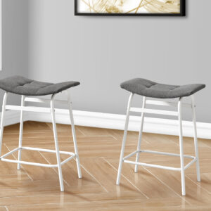 Barstool, Counter Height, Set Of 2, Kitchen, Grey Fabric, White Metal, Contemporary, Modern