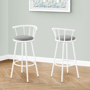 Barstool, Set Of 2, Swivel, Bar Height, White Metal, Grey Fabric, Contemporary, Modern