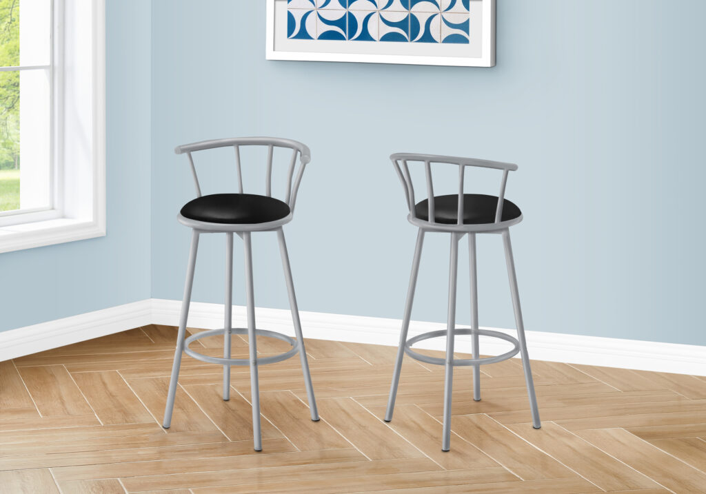 Barstool, Set Of 2, Swivel, Bar Height, Grey Metal, Black Leather Look, Contemporary