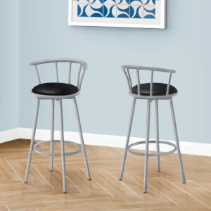 Barstool, Set Of 2, Swivel, Bar Height, Grey Metal, Black Leather Look, Contemporary