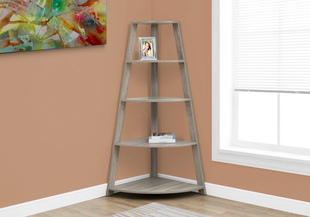 Bookshelf, Bookcase, Etagere, Corner, 4 Tier, 60″H, Office, Bedroom, Brown Laminate, Contemporary, Modern