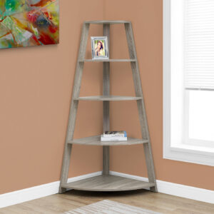 Bookshelf, Bookcase, Etagere, Corner, 4 Tier, 60"H, Office, Bedroom, Brown Laminate, Contemporary, Modern