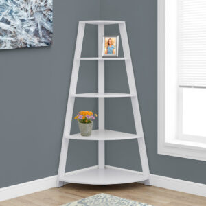 Bookshelf, Bookcase, Etagere, Corner, 4 Tier, 60"H, Office, Bedroom, White Laminate, Contemporary, Modern