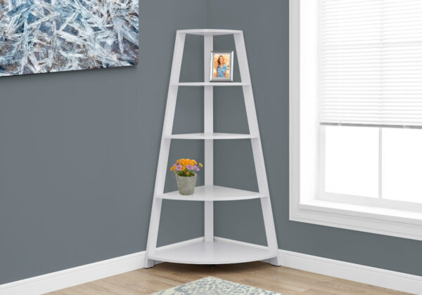 Bookshelf, Bookcase, Etagere, Corner, 4 Tier, 60″H, Office, Bedroom, White Laminate, Contemporary, Modern