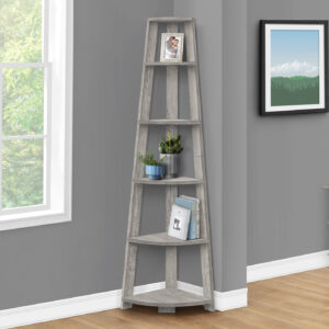 Bookshelf, Bookcase, Etagere, Corner, 5 Tier, 72"H, Office, Bedroom, Grey Laminate, Contemporary, Modern