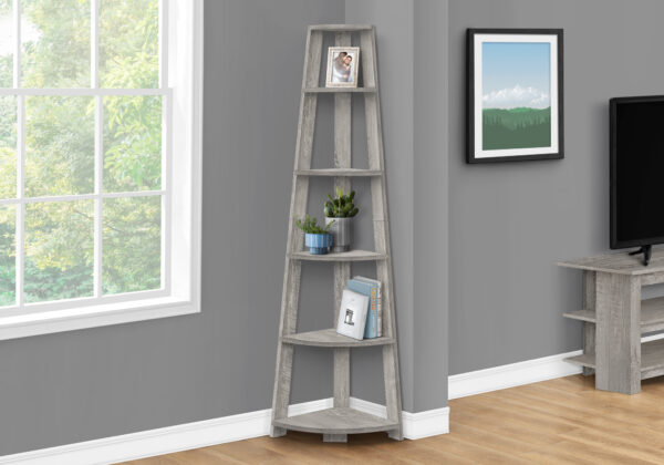 Bookshelf, Bookcase, Etagere, Corner, 5 Tier, 72″H, Office, Bedroom, Grey Laminate, Contemporary, Modern