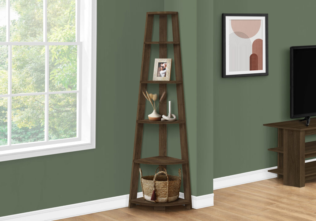 Bookshelf, Bookcase, Etagere, Corner, 5 Tier, 72″H, Office, Bedroom, Walnut Laminate, Contemporary, Modern