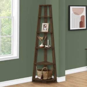 Bookshelf, Bookcase, Etagere, Corner, 5 Tier, 72"H, Office, Bedroom, Walnut Laminate, Contemporary, Modern