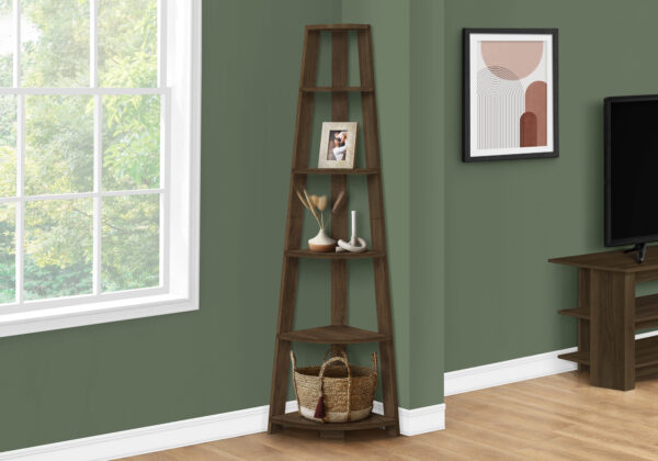 Bookshelf, Bookcase, Etagere, Corner, 5 Tier, 72″H, Office, Bedroom, Walnut Laminate, Contemporary, Modern