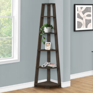 Bookshelf, Bookcase, Etagere, Corner, 5 Tier, 72"H, Office, Bedroom, Brown Laminate, Contemporary, Modern