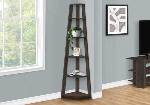 Bookshelf, Bookcase, Etagere, Corner, 5 Tier, 72″H, Office, Bedroom, Brown Laminate, Contemporary, Modern