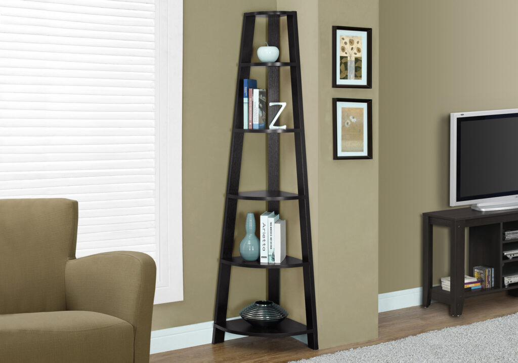 Bookshelf, Bookcase, Etagere, Corner, 5 Tier, 72″H, Office, Bedroom, Brown Laminate, Contemporary, Modern