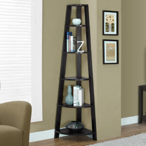 Bookshelf, Bookcase, Etagere, Corner, 5 Tier, 72"H, Office, Bedroom, Brown Laminate, Contemporary, Modern