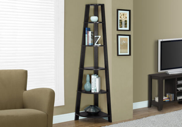 Bookshelf, Bookcase, Etagere, Corner, 5 Tier, 72″H, Office, Bedroom, Brown Laminate, Contemporary, Modern