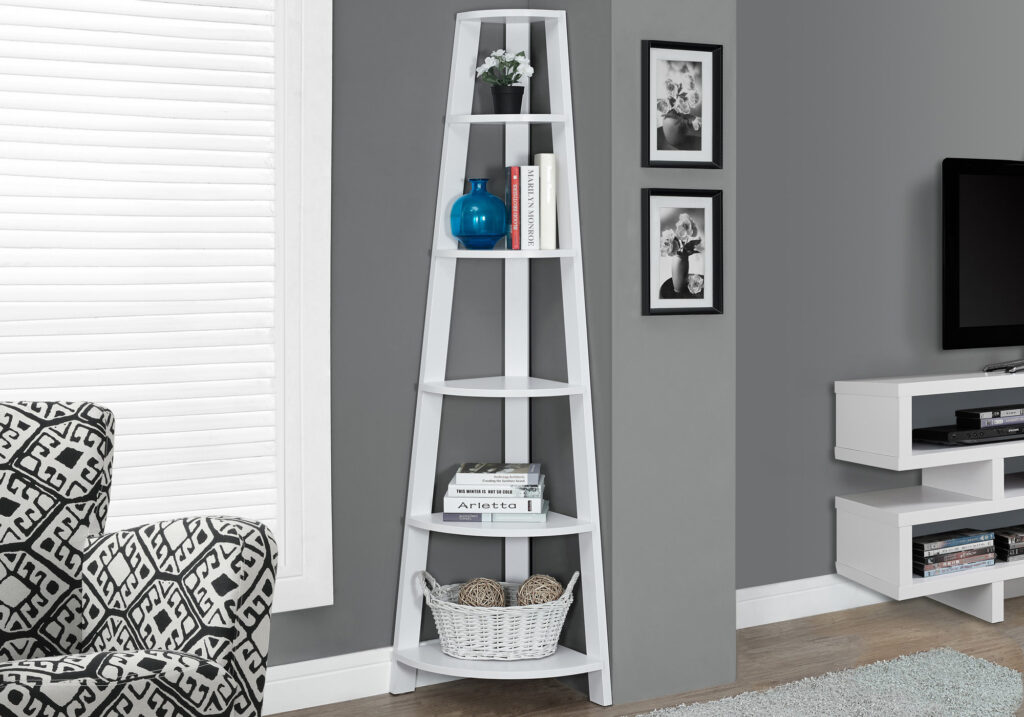 Bookshelf, Bookcase, Etagere, Corner, 5 Tier, 72″H, Office, Bedroom, White Laminate, Contemporary, Modern
