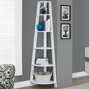 Bookshelf, Bookcase, Etagere, Corner, 5 Tier, 72"H, Office, Bedroom, White Laminate, Contemporary, Modern