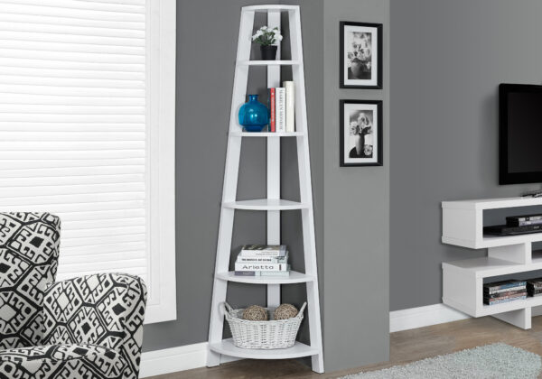 Bookshelf, Bookcase, Etagere, Corner, 5 Tier, 72″H, Office, Bedroom, White Laminate, Contemporary, Modern