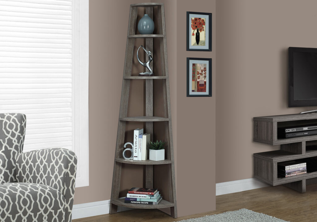 Bookshelf, Bookcase, Etagere, Corner, 5 Tier, 72″H, Office, Bedroom, Brown Laminate, Contemporary, Modern