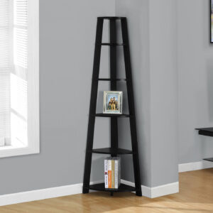 Bookshelf, Bookcase, Etagere, Corner, 5 Tier, 72"H, Office, Bedroom, Black Laminate, Contemporary, Modern
