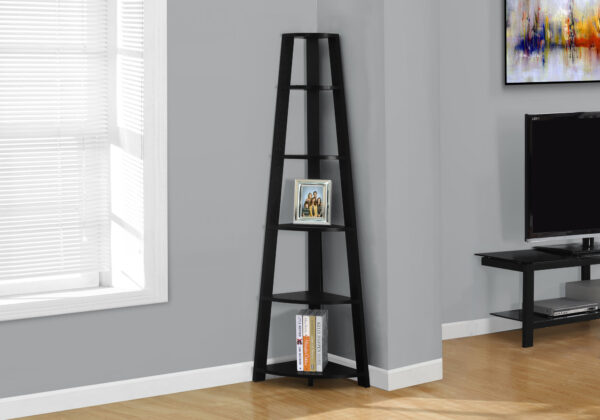 Bookshelf, Bookcase, Etagere, Corner, 5 Tier, 72″H, Office, Bedroom, Black Laminate, Contemporary, Modern