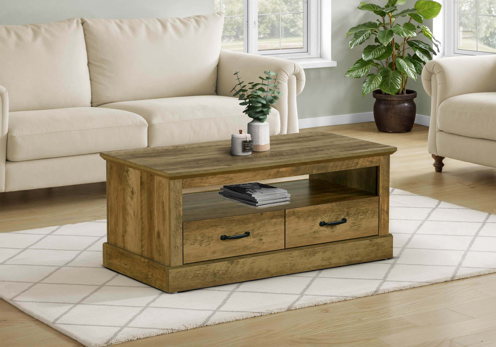 Coffee Table, 42″ L, Cocktail, Rectangular, Storage Drawers, Living Room, Accent, Dark Brown Oak Laminate, Transitional