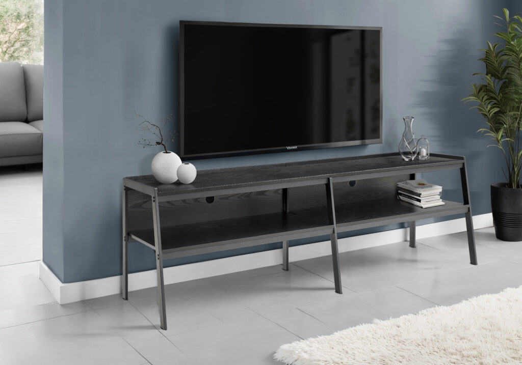 Tv Stand, 72 Inch, Console, Media Entertainment Center, Living Room, Bedroom, Black Wood Laminate, Black Metal, Contemporary, Modern