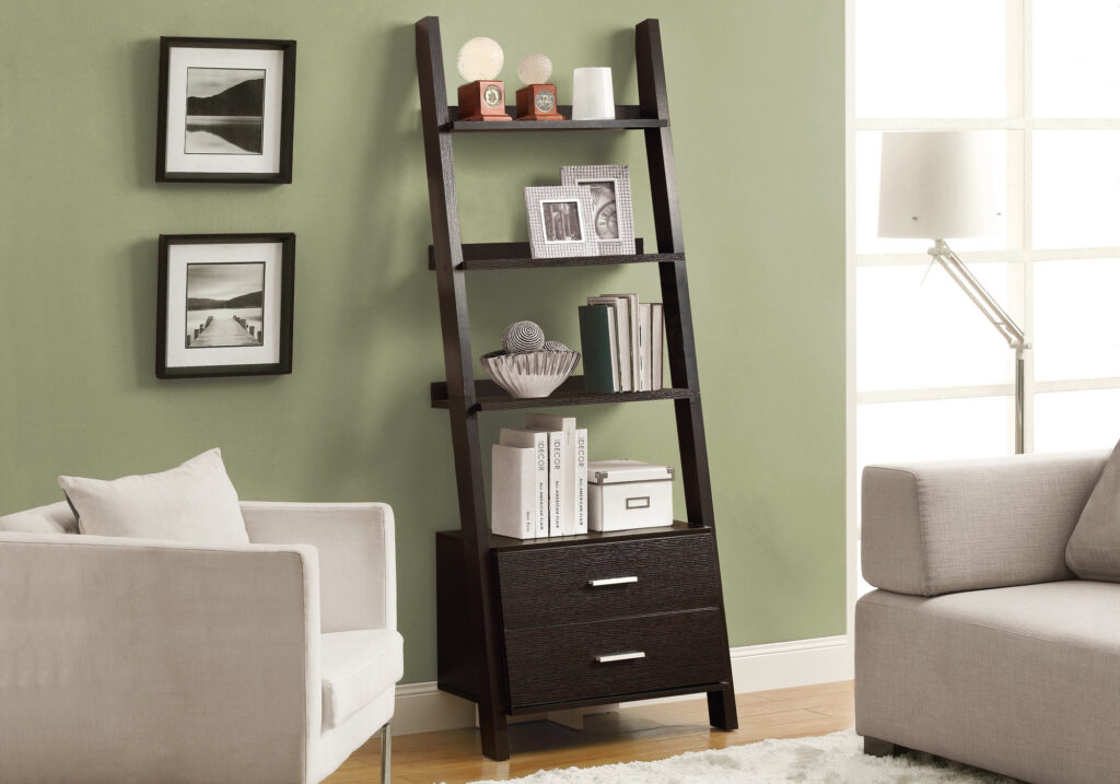Espresso ladder 2 storage drawers bookcase