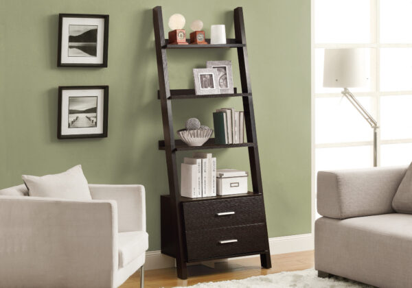 Espresso ladder 2 storage drawers bookcase