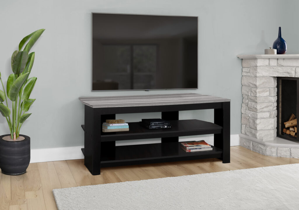 Tv Stand, 42 Inch, Console, Media Entertainment Center, Storage Shelves, Living Room, Bedroom, Black And Grey Laminate, Contemporary, Modern