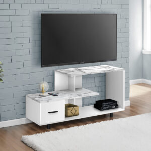 Tv Stand, 48 Inch, Console, Media Entertainment Center, Storage Drawer, Living Room, Bedroom, White Marble Look Laminate, Contemporary, Modern