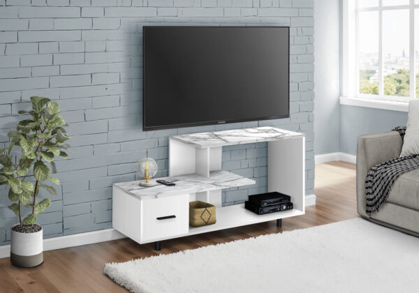 Tv Stand, 48 Inch, Console, Media Entertainment Center, Storage Drawer, Living Room, Bedroom, White Marble Look Laminate, Contemporary, Modern