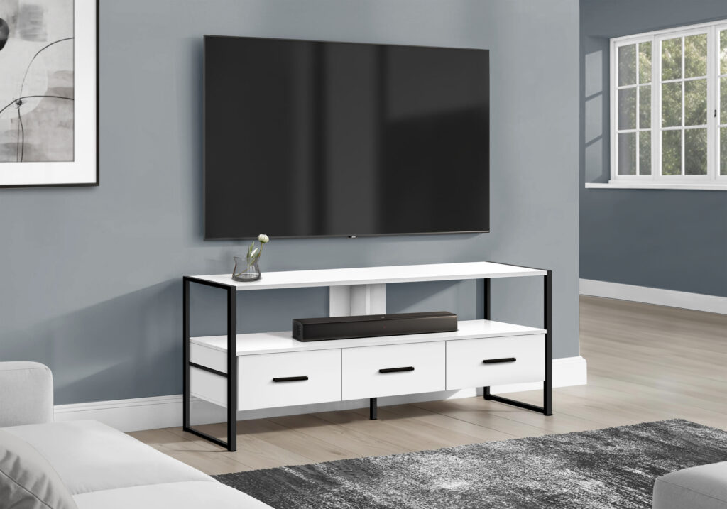 Tv Stand, 48 Inch, Console, Media Entertainment Center, Storage Drawers, Living Room, Bedroom, White Laminate, Black Metal, Contemporary, Modern
