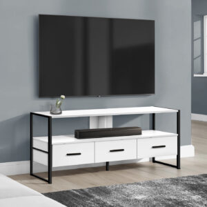 Tv Stand, 48 Inch, Console, Media Entertainment Center, Storage Drawers, Living Room, Bedroom, White Laminate, Black Metal, Contemporary, Modern