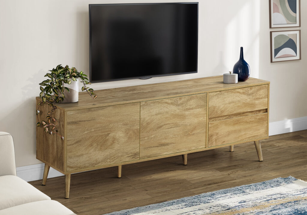 Tv Stand, 72 Inch, Console, Media Entertainment Center, Storage Drawers, Storage Cabinet, Walnut Laminate, Mid Century