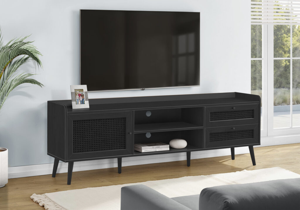 Tv Stand, 72 Inch, Console, Media Entertainment Center, Storage Cabinet, Living Room, Bedroom, Black Laminate, Wood Legs, Transitional